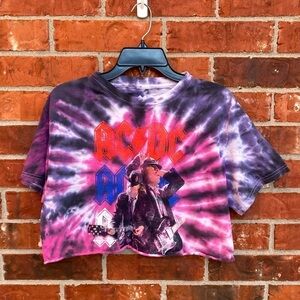 ACDC Womens Small Medium Tie Dye Pink Purple Crop Graphic Band Tee Short Sleeve